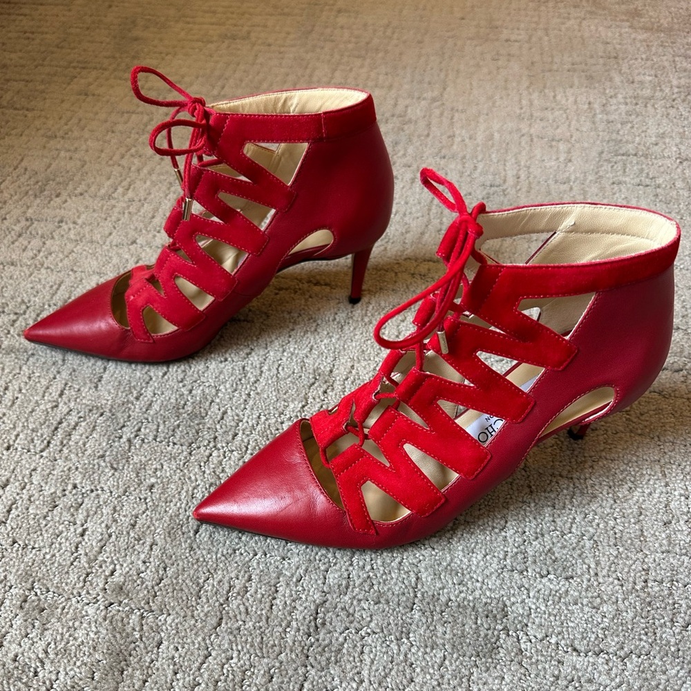 Jimmy Choo Red Leather Pumps Kitten Heels Size 36